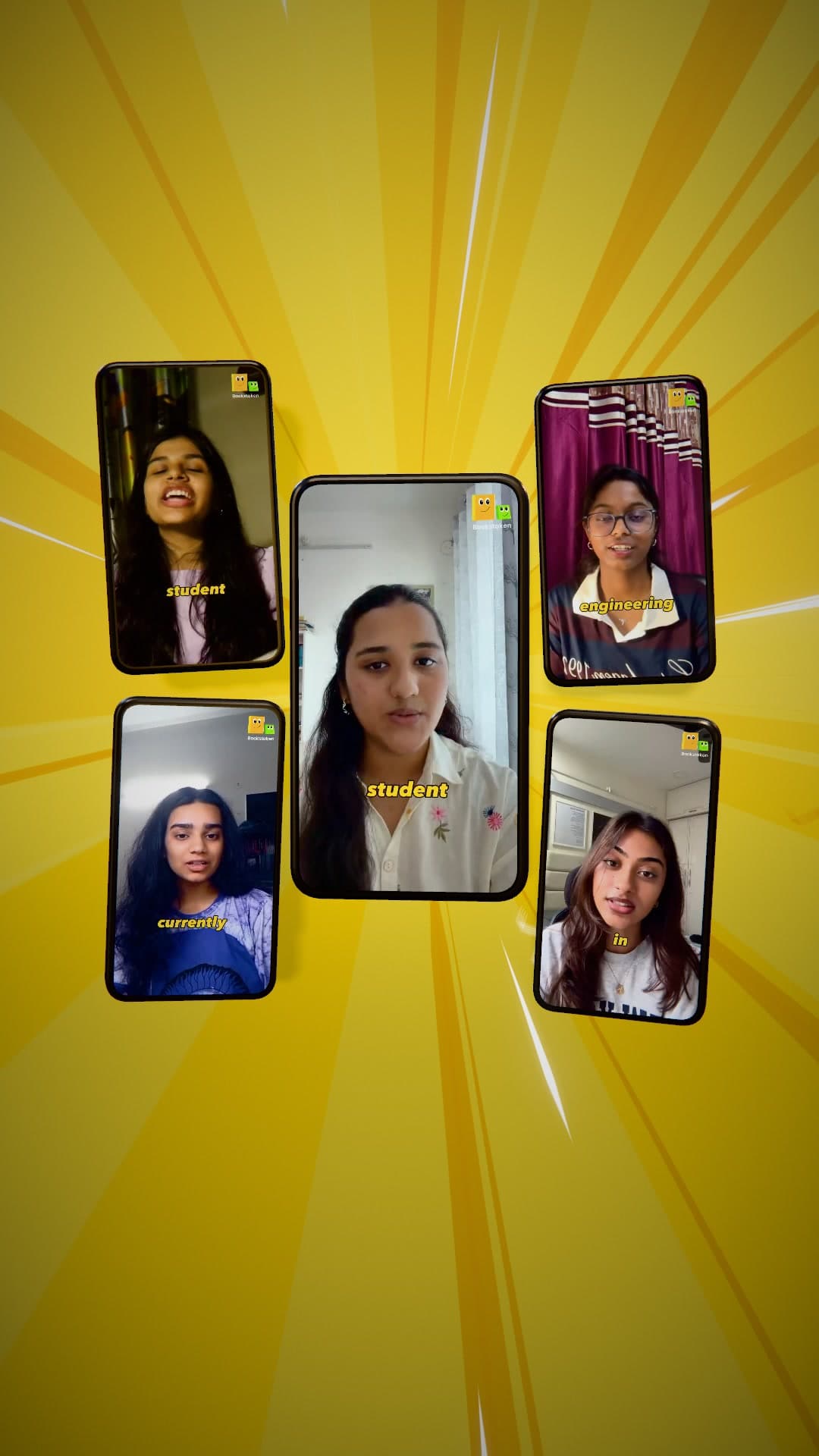 Five Bookstaken mentors introducing themselves on a bright yellow burst