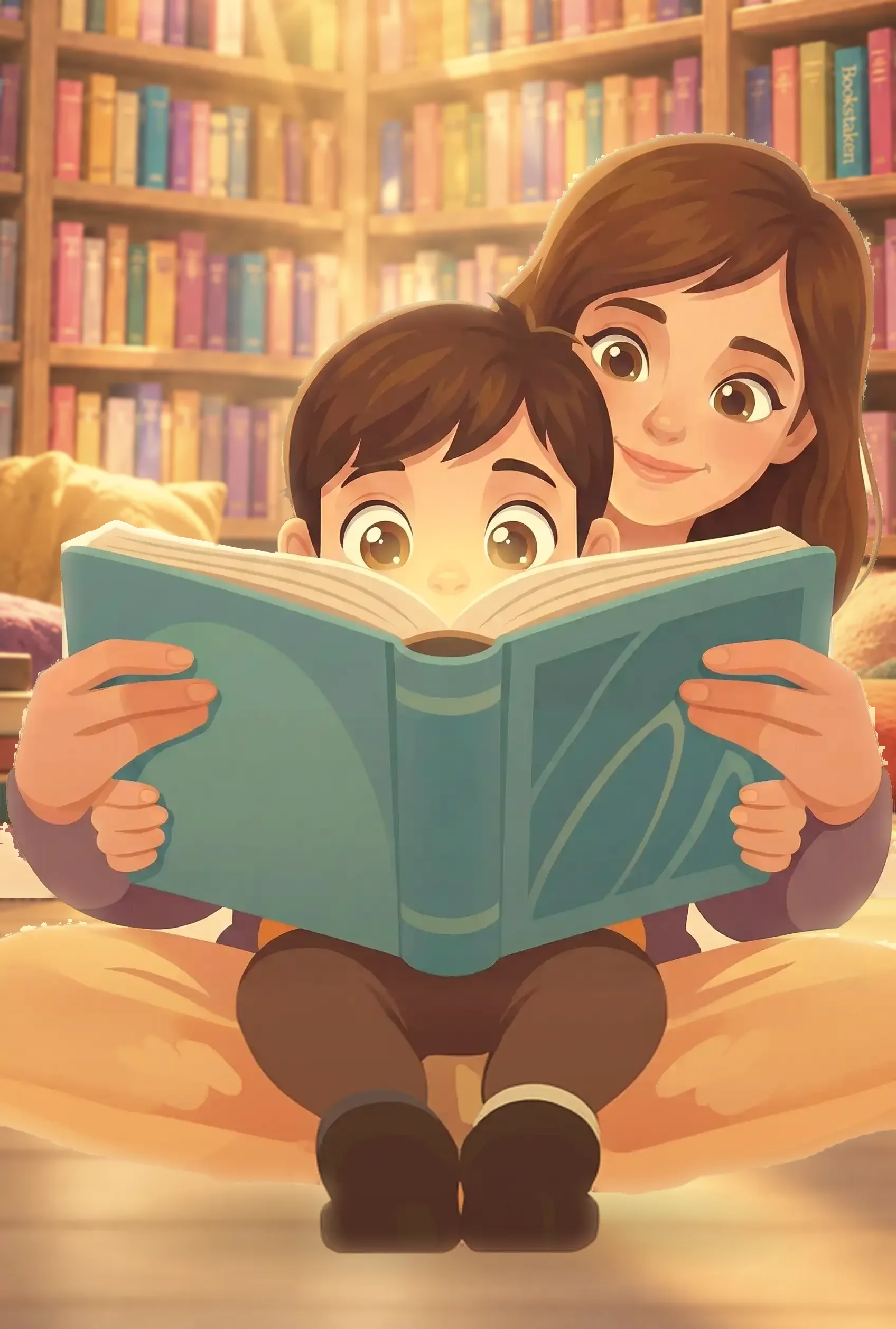 A child reading with their mentor in a sunlit room full of books